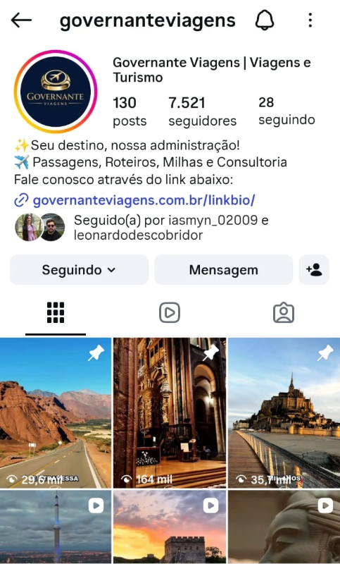 Perfil do Instagram da Governante Viagens